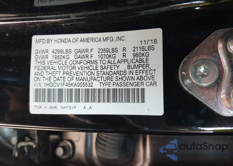 2019 Honda Accord Ex z USA, uszkodzony, nr VIN 1HGCV1F45KA005532